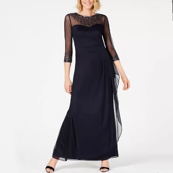 Alex Evenings Dresses & Skirts - Alex Evenings Illusion Embellished 3/4 Sleeve Ruched A-Line Gown in Dark Navy